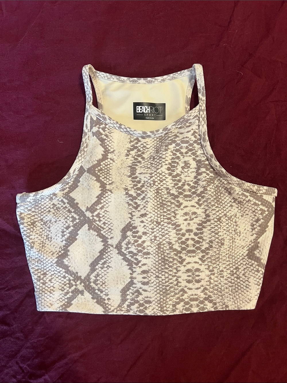 Beach Riot Taupe Snake-Print Crop Tank
